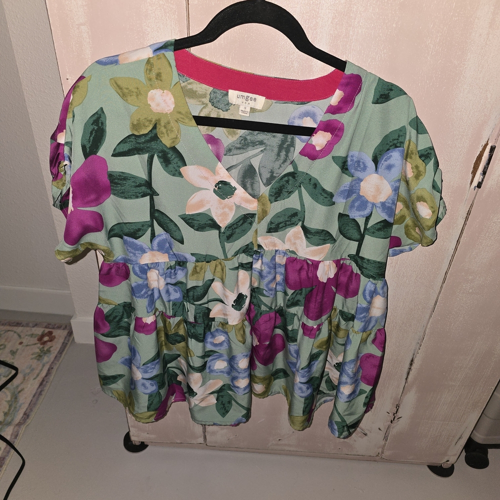 Umgee Multicolor Floral Blouse - Green, Pink, Blue